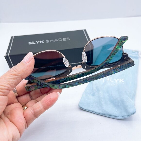 Slyk Shades Abalone Shell Design Polarized Sunglasses Rose Gold Accents Wooden A - Picture 3 of 11